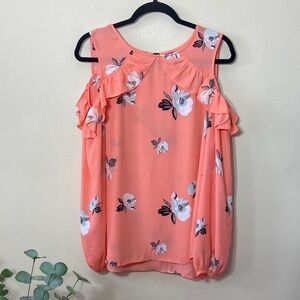 Worthington Orange Peach Floral Cold Shoulder Top Ruffles Women's XL Summer